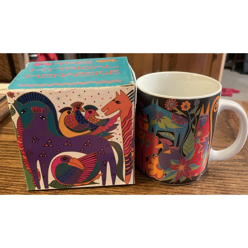 Vintage Laurel Burch Mythical Menagerie Coffee Mug Cats Folk Art 1995 14oz NEW